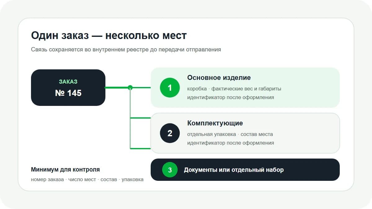 Схема: один заказ связан с тремя местами, у каждого зафиксированы состав, упаковка и идентификатор