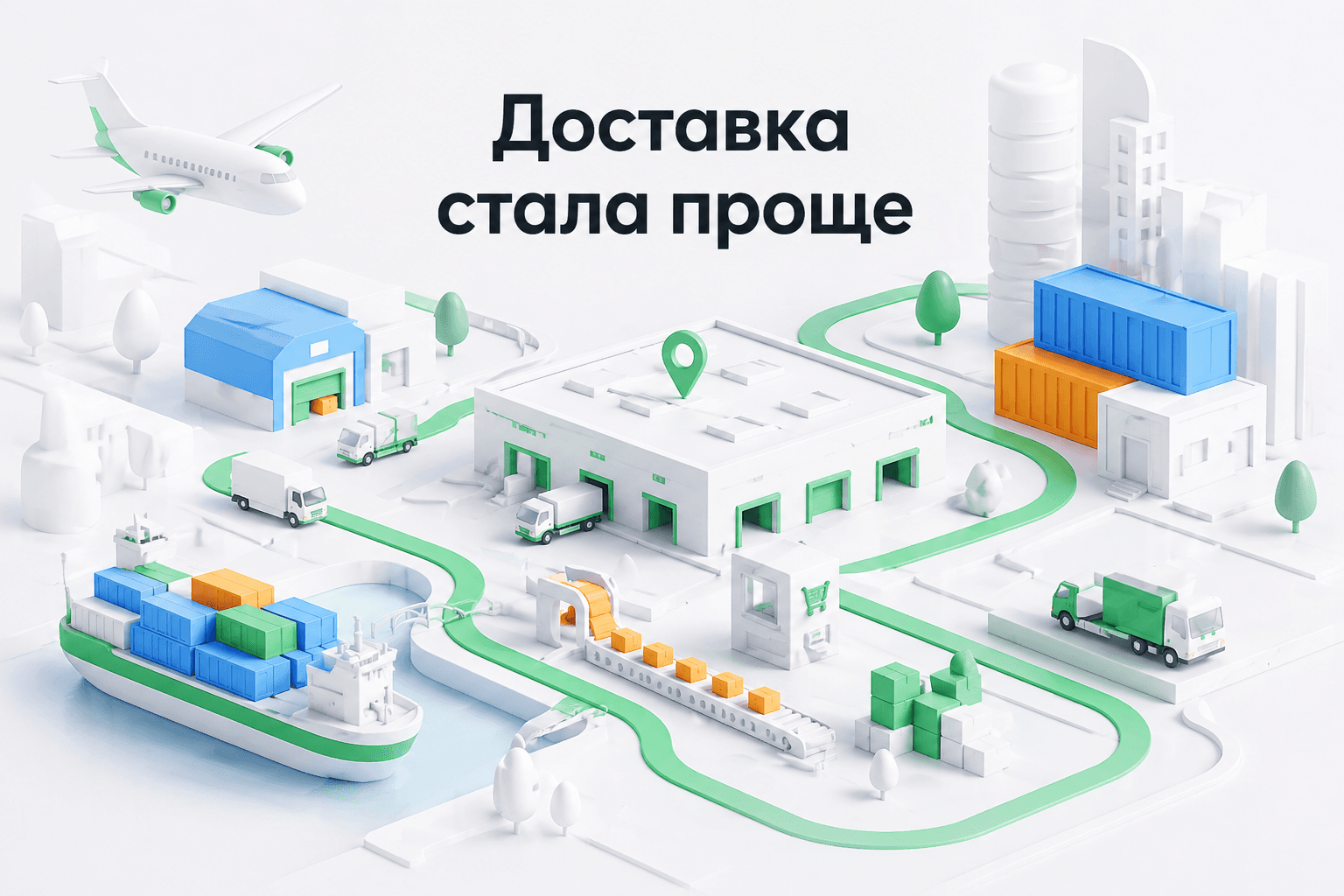 Иллюстрация доставки: самолёт, склад, контейнеры, грузовой маршрут и логистическая инфраструктура